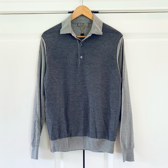 Canali Polo Sweater Long Sleeve Pullover Wool Gray Houndstooth Size 48 IT / US S - Picture 1 of 8